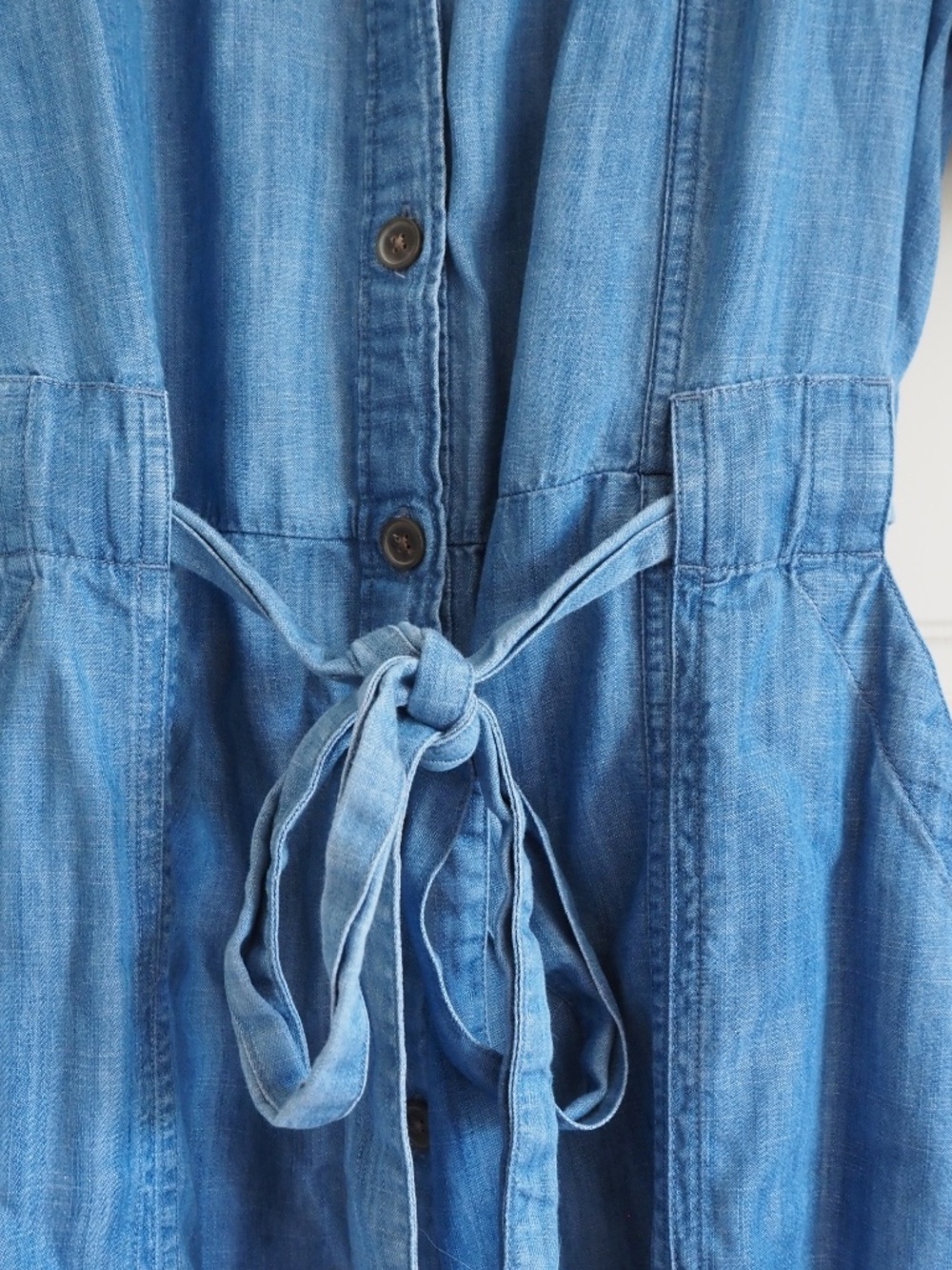 Lands' End Blue Lyocell Denim Short Sleeve Work Dress Tie Front Pockets Size S - Picture 5 of 9